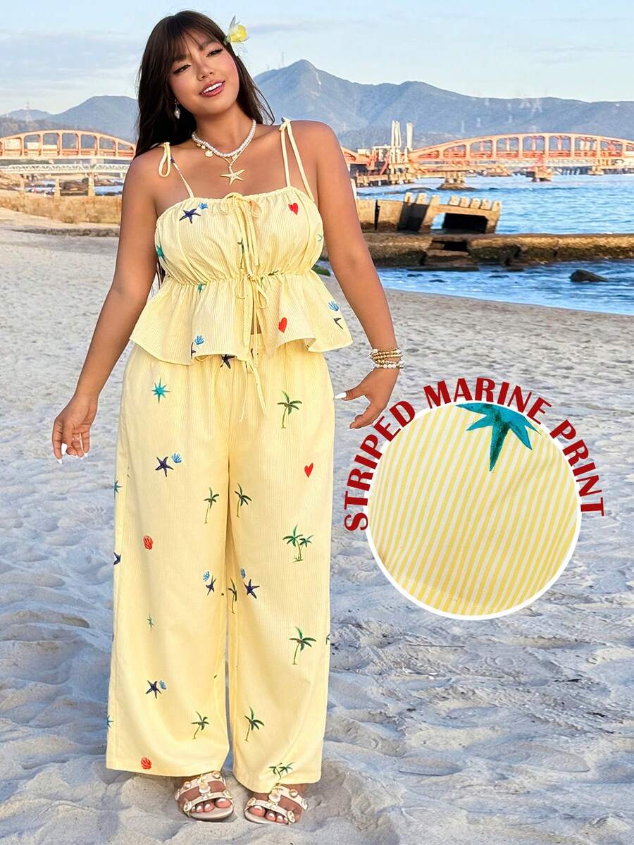 GalTyme 春夏新款休闲套装，适合外出、日常穿着、派对、音乐节、返校、毕业典礼、度假、街头风、居家休闲、逛街、城市漫步等多种场合，可单穿或叠穿。吊带上衣饰有荷叶边下摆，搭配宽松弹力腰裤，黄白条纹海洋元素贝壳和海星印花，大码两件套。 - 彩色 - 查看 1