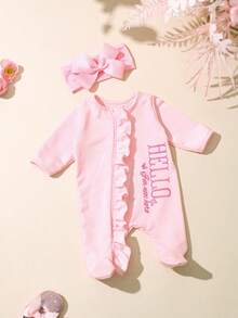 Hello Butterfly 刺绣新生儿摄影服装套装，连脚连体衣配蝴蝶结发带，粉色，0-3 个月新生儿连体衣 - 彩色 - 查看 3