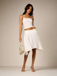 AiiRZ 白色蕾丝拼接不对称手帕下摆中长裙，飘逸A字裙摆，适合春夏，展现女性柔美波西米亚风情。 - 白色 - 查看 6