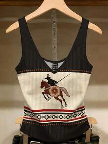 女士时尚印花罗纹背心 - 黑色 - 查看 1