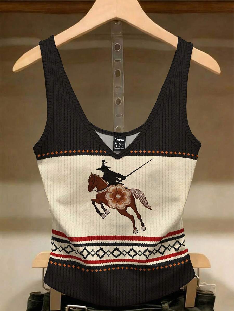 女士时尚印花罗纹背心 - 黑色 - 查看 1