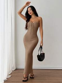 SHEIN PETITE Vestido tubo de ganchillo hecho a mano, de ajuste ceñido, romántico y de vacaciones de verano, adecuado para citas, vacaciones, uso diario casual y elegante en otoño/invierno - Camel - Ver 10