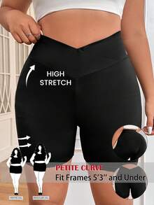 SHEIN PETITE CURVE Quần short nữ cỡ lớn, màu trơn, cạp lệch, kiểu dáng thường ngày. - màu đen - Xem 1