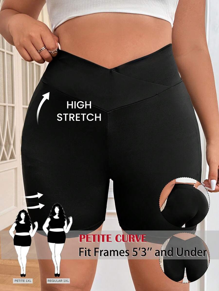 SHEIN PETITE CURVE Quần short nữ cỡ lớn, màu trơn, cạp lệch, kiểu dáng thường ngày. - màu đen - Xem 1
