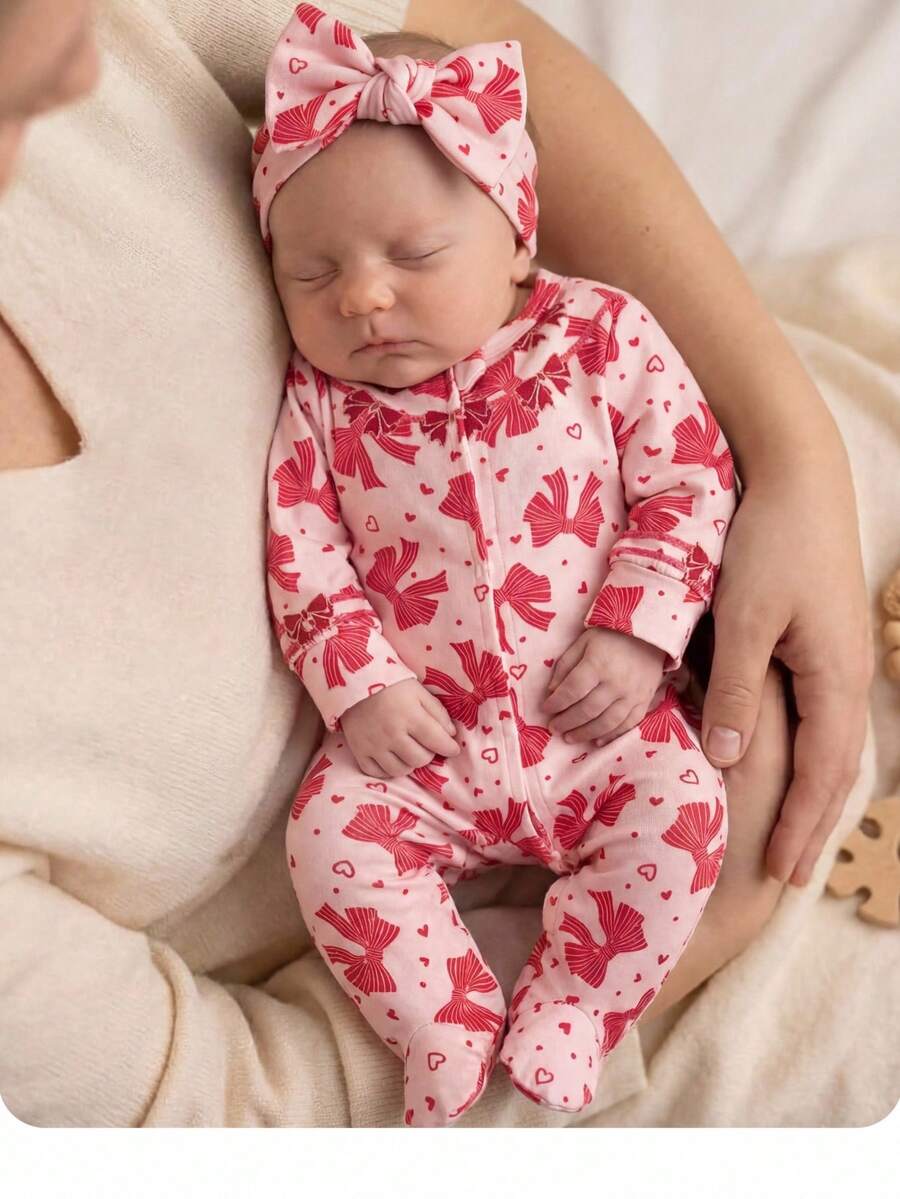 SHEIN Dozemod Kids 新生女宝宝简约蝴蝶结图案圆领长袖拉链针织连体睡衣 - 粉色 - 查看 1