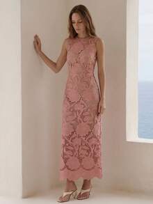 CielaLinda Women Lace Rose Sleeveless Maxi Dress - Dusty Pink - View 2