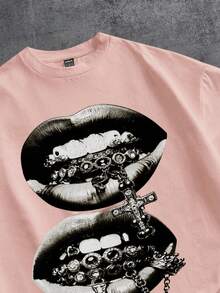 Manfinity ZONE917 Áo thun ngắn tay nam in hình môi đào, kiểu dáng thường ngày. - Hồng - Xem 2