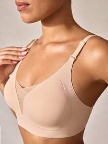 女士无缝无钢圈透气可调节网眼文胸，秋季 - 卡其色 - 查看 7