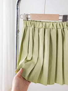 SHEIN Genkimix Kids 3pcs Set: Avocado Green Textured Woven Vest Jacket, Matching Pleated Skirt And Camisole Top For Toddler Girls, Casual Elegant Commuter Style, Spring/Summer - Olive Green - View 4