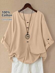 EMERY ROSE Plus Size Women's Cotton Linen Asymmetrical Hem Long Sleeve Blouse, Spring/Summer - Apricot - View 1