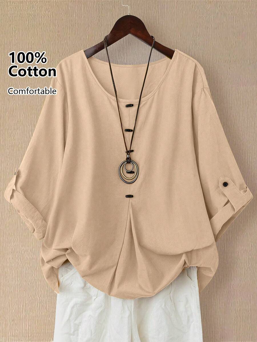 EMERY ROSE Plus Size Women's Cotton Linen Asymmetrical Hem Long Sleeve Blouse, Spring/Summer - Apricot - View 1