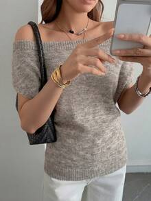 DAZY Women's Elegant Cold-Shoulder Short Sleeve Cold-Shoulder Sweater Summer - Khaki - View 3