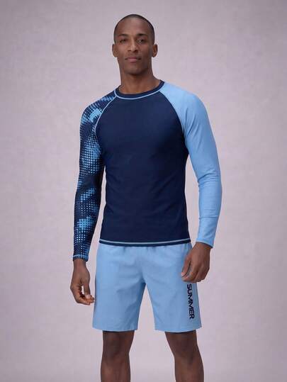 Manfinity KASUA 2pcs Men's Beach Vacation Casual Contrast Color Long Sleeve Top & Shorts Set