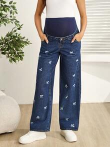 SHEIN Quần jeans bầu màu xanh dương kiểu dáng thường ngày, thêu nơ, thời trang cho mùa xuân và mùa hè. - Màu xanh lam - Xem 4