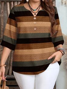 EMERY ROSE Plus Size Women Patchwork Color Casual Minimalist Daily Wear Shirt, Suitable For Summer - Multicolor - View 1