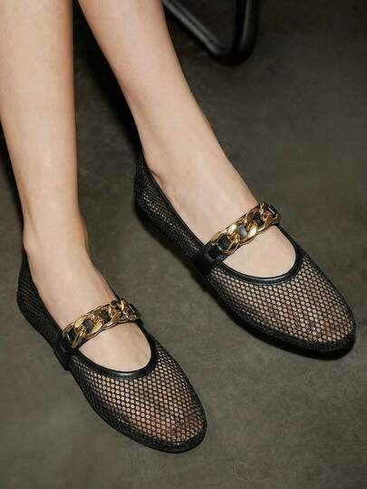 Plus Size Women's Black Flat Ballet Shoes, Breathable Mesh Glitter Chain Decor Mary Jane Shoes, Fashionable Hollow Mesh Slip-On Loafers Suitable For Outdoor Walking, Spring/Summer