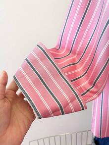 INAWLY Women's Striped Long Sleeve Single-Breasted Casual Shirt - Hot Pink - View 6