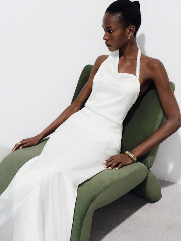 Aveloria Modichic 欧美风春夏新款时尚百搭垂褶领口收腰长款纯色缎面优雅无袖连衣裙