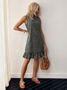 EMERY ROSE Women's Round Neck Sleeveless Casual Denim Dress With Ruffle Hem And Button Back Design - Grey - View 2