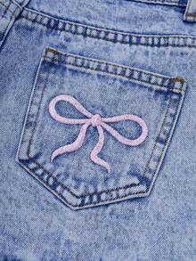 SHEIN Shorts vaqueros con bordados y moño para adolescentes, primavera-verano, lavado de piedra ligero, para vacaciones, festivales y atuendos casuales - Azul lavado medio - Ver 5