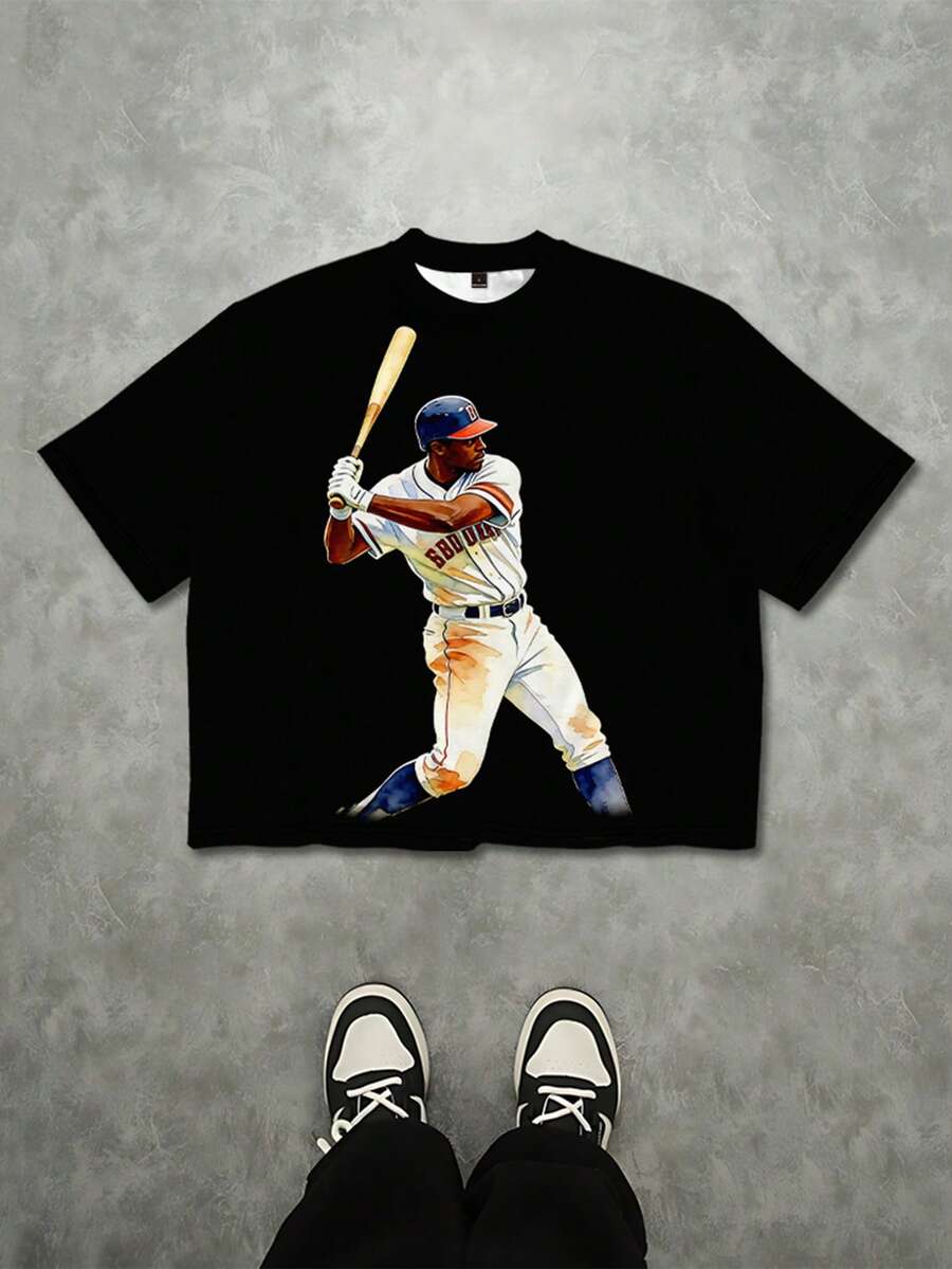 Manfinity EMRG 男士棒球运动员图案圆领宽松短袖T恤，个性化剪裁款式，时尚休闲上衣 - 黑色 - 查看 1