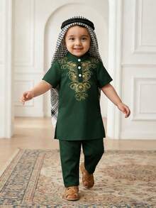 2件/套 嬰幼兒男童深綠色夏季長袍與長褲套裝 Al-Adha 伊斯蘭服飾 Kaftan 沙烏地阿拉伯風格 婚禮賓客裝 0-3T - 綠色 - 查看 6