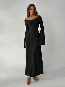 Aloruh Apricot Color Knit Off-Shoulder Long Dress For Women - Black - View 6