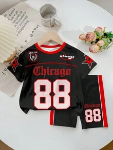 SHEIN Bộ 2 món dành cho bé gái, phong cách thường ngày thanh lịch, cổ điển, thể thao bóng chày, in số 88, chữ "Chicago" kiểu Gothic, áo thun cổ tròn tay ngắn họa tiết ngôi sao và quần short thể thao đạp xe, thích hợp cho mùa hè. - Nhiều màu - Xem 3