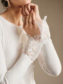 SHEIN Unity Women's White Ribbed Knit Long Flare Sleeve T-Shirt With Contrast Lace Trim And Round Neck Casual Regular Fit Top - White - View 8