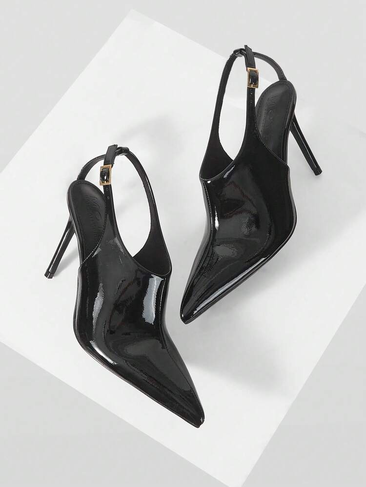 2026 NEW PATENT LEATHER SANDALS METAL BUCKLE POINTED TOE THIN HEEL WOMEN'S SHOES BLACK POINTED HIGH HEEL SANDALS
