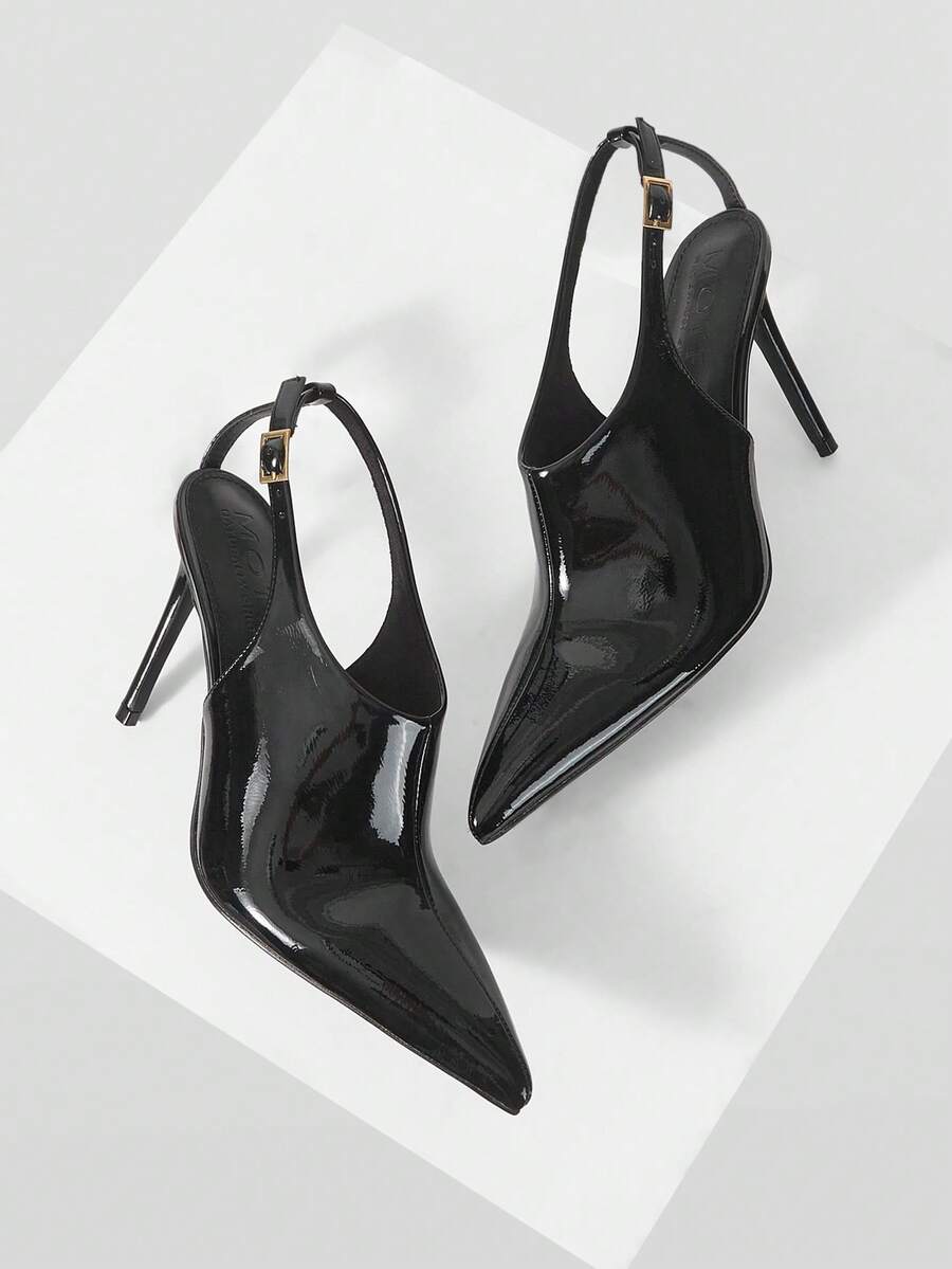 MOTF 2026 NEW PATENT LEATHER SANDALS METAL BUCKLE EMPTY POINTED THIN HEEL WOMEN'S SHOES BLACK POINTED HIGH HEEL SANDALS - Black - View 2