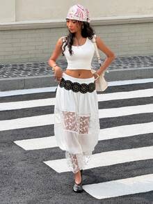 SHEIN EZwear Women's Casual Daily Contrast Mesh Floral Embroidery Ruffle Hem Long Pants - White - View 5