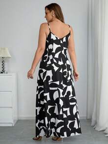 SHEIN Tall CURVE 大码女式夏季休闲度假风印花开衩口袋吊带裙 - 黑與白 - 查看 2