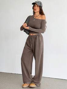 SHEIN Tall 2件組女款秋季簡約純色斜肩短版長袖上衣抽繩腰褲套裝，高挑機場咖啡棕休閒街頭風 - 棕色 - 查看 6