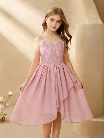 Tween Girl Elegant Pink Sleeveless Lace Chiffon Fitted Dress, Suitable For Evening Party, Christmas, Halloween, Wedding, Prom, Graduation, Back To School And Other Occasions