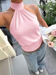 Muchica Áo dệt kim cổ yếm màu hồng nhạt dành cho nữ - Màu Hồng baby - Xem 8