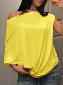 Slaydiva Áo thun nữ mỏng nhẹ, thích hợp cho đầu xuân, lễ hội âm nhạc xuân hè, ngày Valentine, lễ Phục Sinh, phong cách thường ngày đơn giản và cơ bản, phong cách đường phố Y2K, bán chạy nhất, hẹn hò hàng ngày, phong cách cô gái nóng bỏng, gợi cảm, năng động và sành điệu, trễ vai, lệch vai, tay dài, vạt áo rộng, áo trắng, áo chui đầu, xuyên thấu -A - Màu vàng - Xem 3