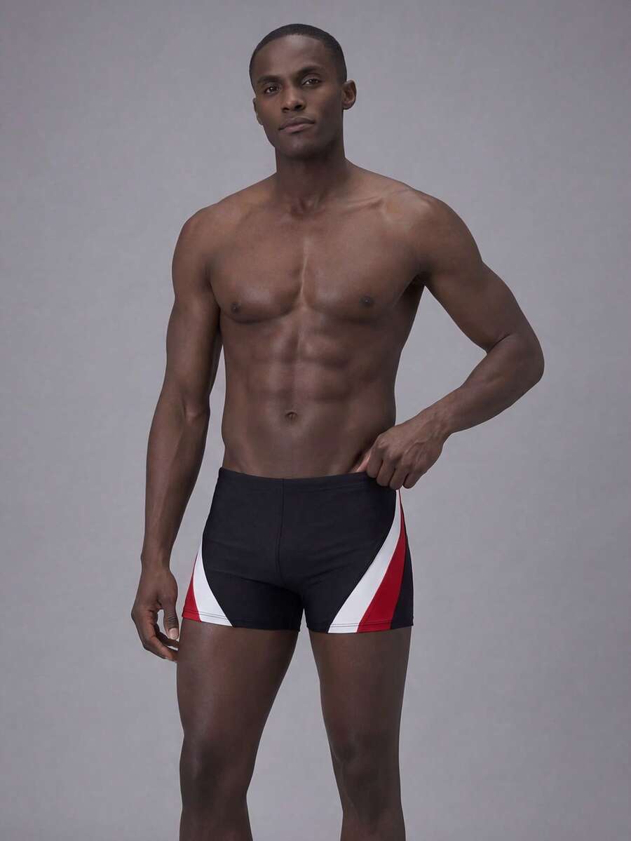 Manfinity KASUA 男士条纹弹力腰休闲泳裤 男士泳装裤 男士泳裤 男士泳衣 男士沙滩装 条纹泳裤 男士泳装 红白黑泳裤 男士泳衣裤 - 黑色 - 查看 1