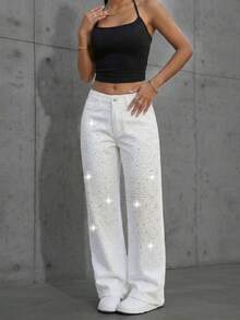 SHEIN ICON Women's Rhinestone Button Pocket Casual Versatile Daily Wear Denim Jeans - White - View 5