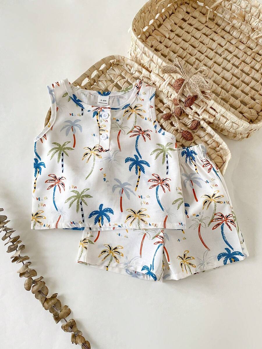 SHEIN Bộ đồ thường ngày cho bé trai gồm áo cổ tròn và quần short in hình cây dừa. - trắng - Xem 1