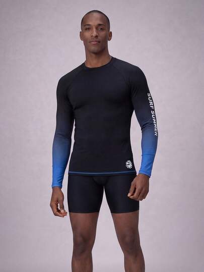 Manfinity KASUA Camiseta de surf de manga larga con estampado casual para vacaciones en la playa de hombres