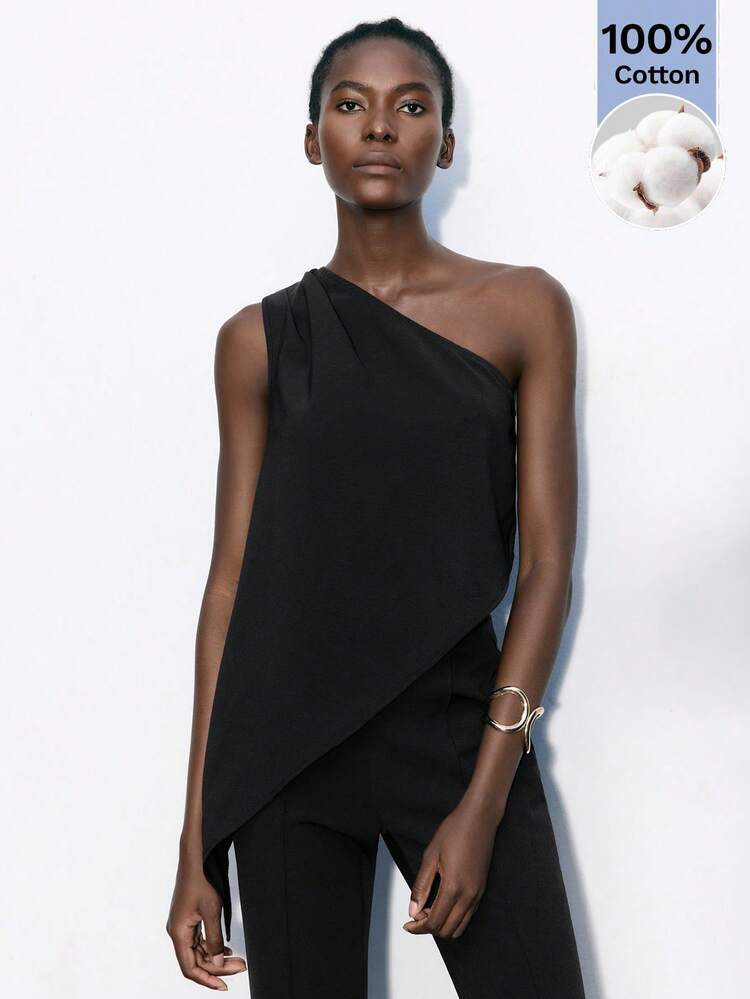 SHEIN Maija Women's Summer Fashion Solid Color Minimalist Asymmetric Hem Blouse, Summer Tops, Summer Outfits , Summer Clothes , Summer Outfits For Women , Spring Outfit, Spring Clothes Women, Festival Outfits, Beach Outfit For Women, Beach Outfit , Casual Blouse For Women, Holiday Outfits For Women, Vacation,100%Cotton , Black Top