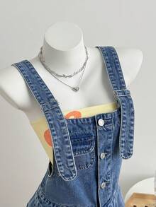 Elamini Fashionable Casual Button Cuffed Washed Denim Bib Shorts - Light Wash - View 3