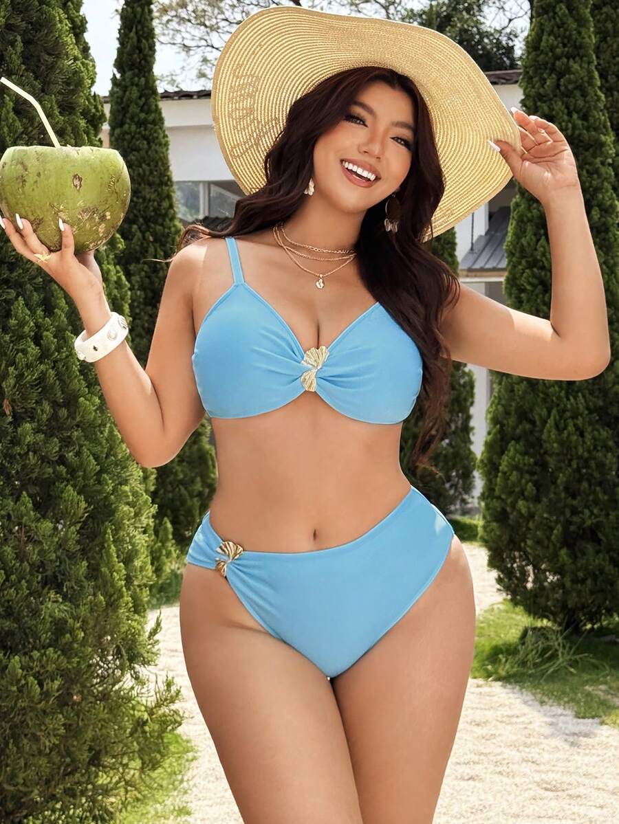 Swim Vcay 2026 New Women's Spring/Summer Solid Color Metal Accessory Halter Neck Plus Size Swimwear Set - Baby Blue - View 1