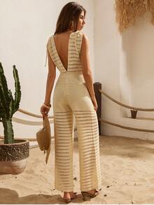 Backless Knit Jumpsuit With Wide Legs - Cream - View 6