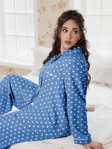 Elorette Plus Size Bubble Crinkle Polka Dot Print Collar Long Sleeve Pajama Set - Blue - View 1