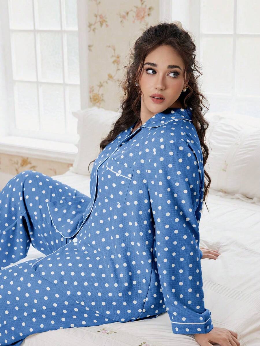 Elorette Plus Size Bubble Crinkle Polka Dot Print Collar Long Sleeve Pajama Set - Blue - View 1