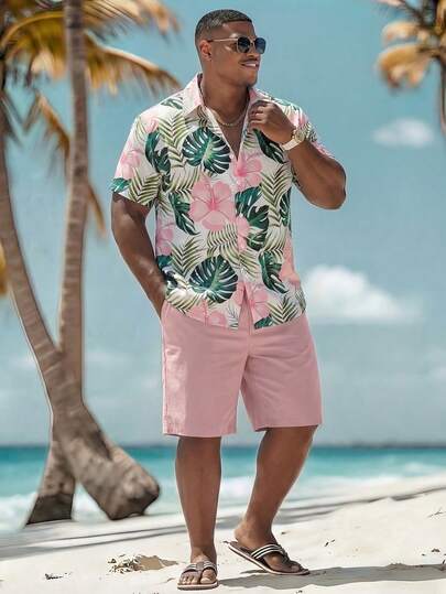 Manfinity Swimmode Plus Size Men's Vacation Casual Printed Shirt & Shorts Beach Outfit Vacation Outfits For Men Resort Wear Men Men Beach Outfit Holiday / Vacation / Beach / Hawaii / Tropical / Swim /  Bathing