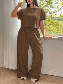 Solflare EZwear 大码纯色圆领短袖上衣和长裤休闲度假两件套，咖啡棕色，春夏女装，春假 - 咖啡棕 - 查看 3