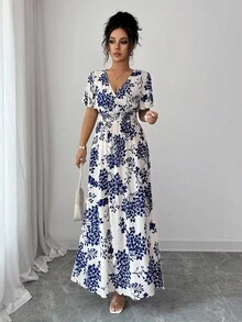Elenzga 女士优雅沙滩度假通勤下午茶派对连衣裙，同色系领口腰带A字双开衩喇叭袖，春夏款 - 藍白色 - 查看 5